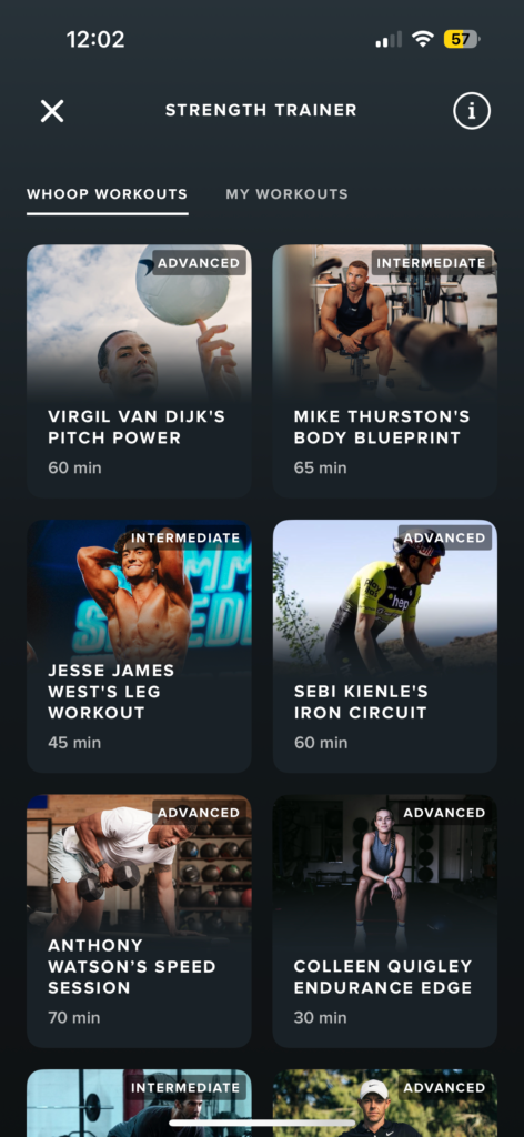 Overview van Strength Trainer in WHOOP app