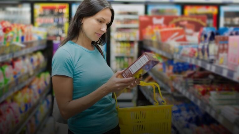 Iemand houdt een product beet in de supermarkt en leest de gezondheidsclaim