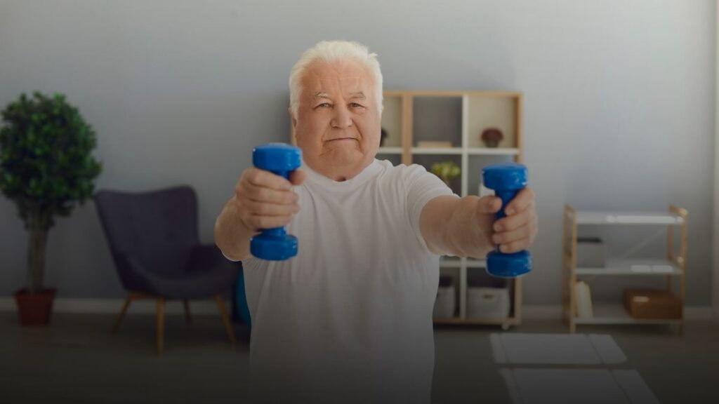 Oudere man doet krachttraining met dumbbells in een huis ter ondersteuning van spiermassa op latere leeftijd