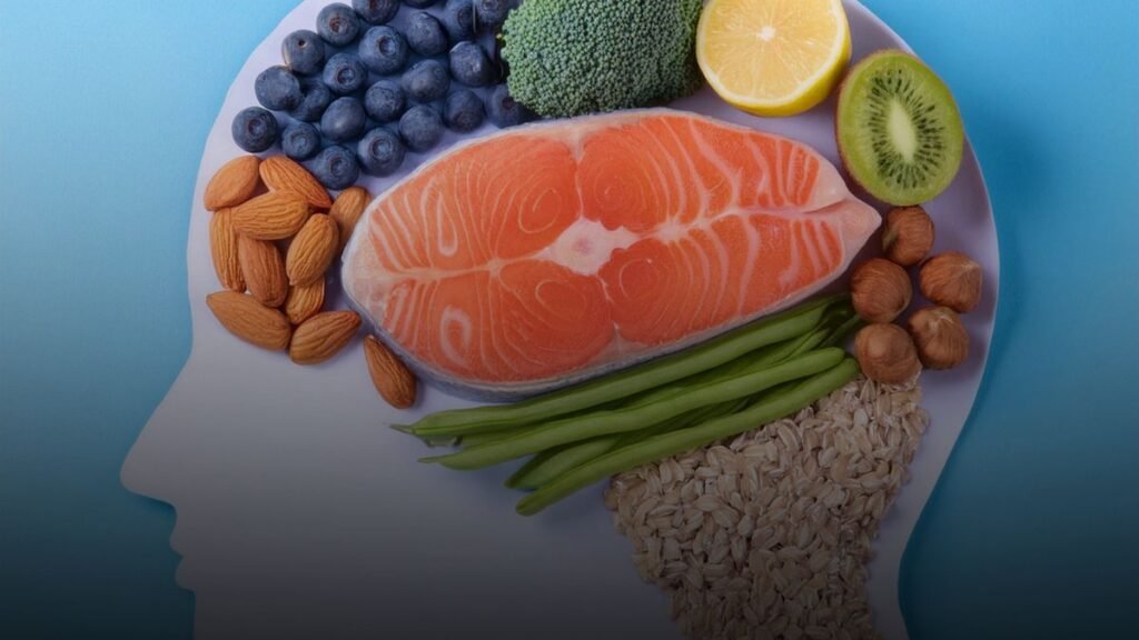 Voedzaam bord met hersenstimulerende voeding zoals zalm, noten en bessen voor meer energie en focus